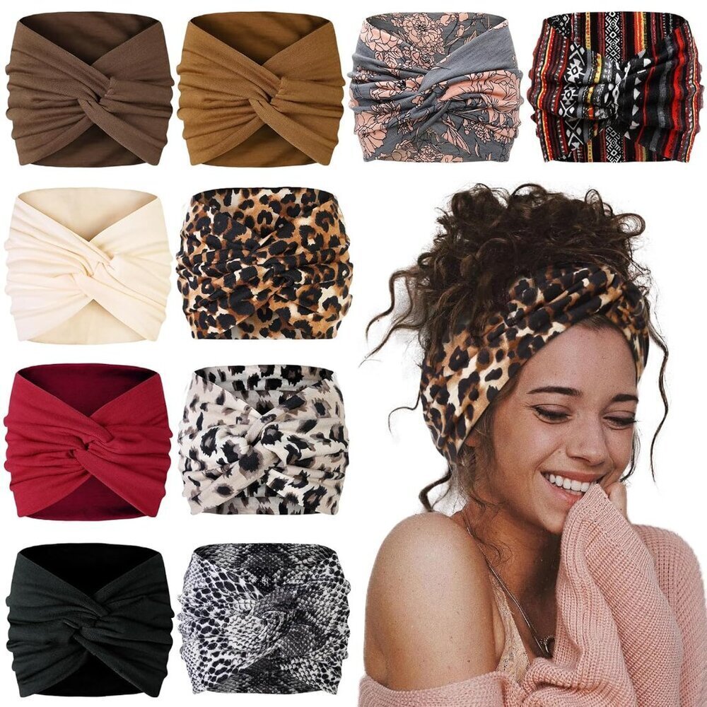 7'' Wide Headbands for Women 10 Pack Boho Turban Non Slip Hair Accessories